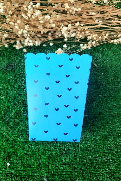 Emtory Home 8'li Mavi Kalpli Mısır Kutusu - Popcorn Kutusu - Doğum Günü Ikram Hediye - Orta Boy