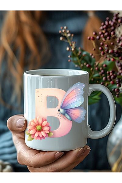 Evion Butterfly Letter Alphabet Porcelain Mug - Gift Mug - Printed Mug