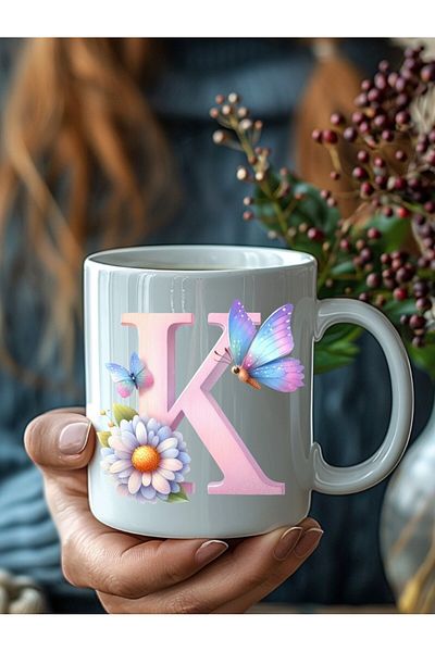 Evion Butterfly Letter Alphabet Porcelain Mug - Gift Mug - Printed Mug