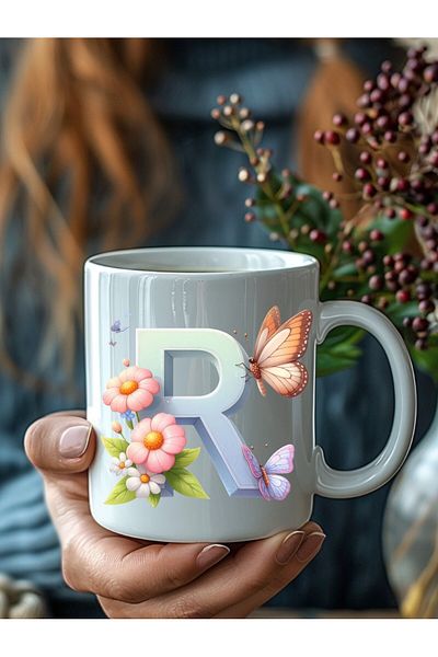 Evion Butterfly Letter Alphabet Porcelain Mug - Gift Mug - Printed Mug