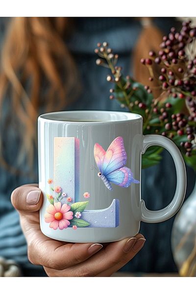 Evion Butterfly Letter Alphabet Porcelain Mug - Gift Mug - Printed Mug