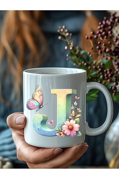 Evion Butterfly Letter Alphabet Porcelain Mug - Gift Mug - Printed Mug
