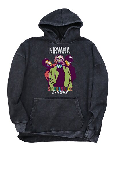 Fuddy Moda Hanorac unisex Nirvana scris cu glugă lavabil, hanorac vintage oversize cu imprimeu Rock Band