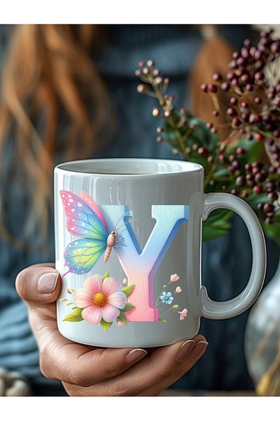 Evion Butterfly Letter Alphabet Porcelain Mug - Gift Mug - Printed Mug
