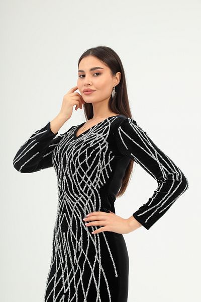 Robes Women's Stone Printed Long Sleeve Fish Hijab Stylish Velvet Evening Dress