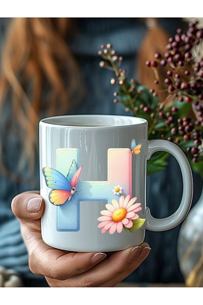 Evion Butterfly Letter Alphabet Porcelain Mug - Gift Mug - Printed Mug