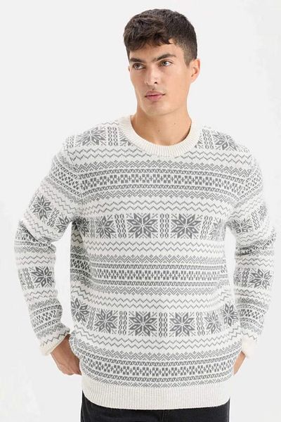 DeFacto Standard Fit Christmas Themed Crew Neck Knitwear Sweater D6839Ax24Wn