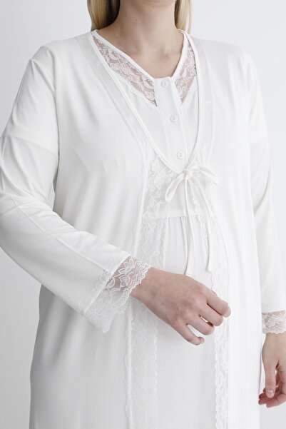 Miss Dünya Lissa White Plus Size Maternity Nightgown Set with Dressing Gown