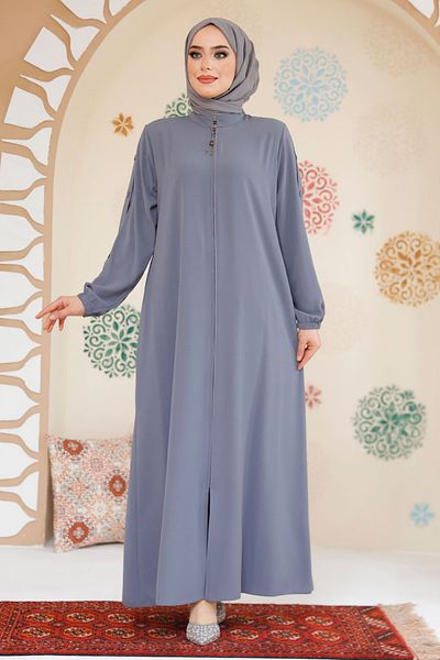Neva Style Hijab gri Ferace cu mâneci și detaliu nasturi 45292GR