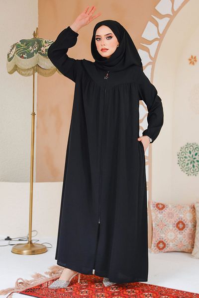 Neva Style Hijab negru cu fermoar Ferace 45285S