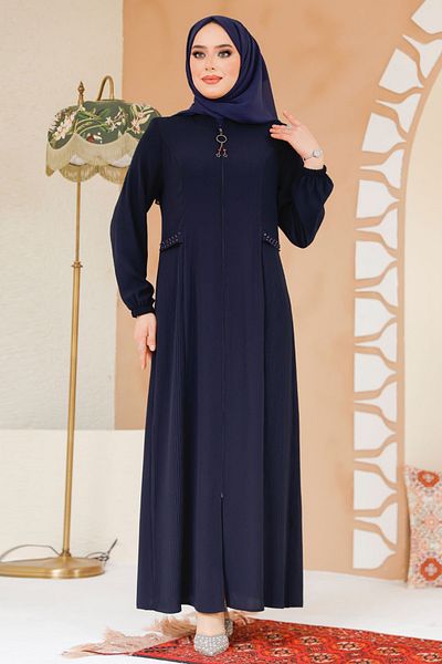 Neva Style Pile Detailed Navy Blue Hijab Ferace 45289L