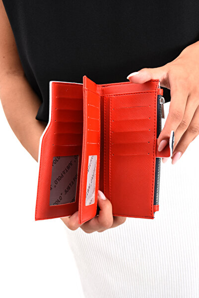 Just Polo Orange Women's 6 Card 1 Id Compartment Embossed Printed Snap Fastener and Zipper Closure Vegan Wallet
