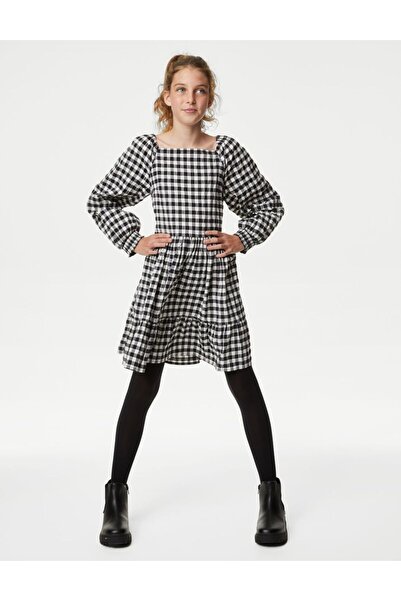 Marks & Spencer Ekose Desenli Uzun Kollu Mini Elbise (6-16 YAŞ)