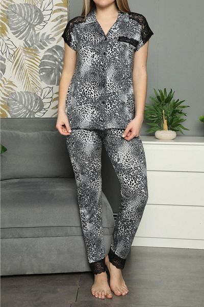 Nicoletta Set de pijamale de damă, cu mânecă scurtă, cu nasturi din bumbac, lycra, gri
