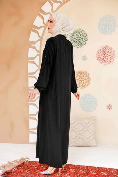 Neva Style Hijab negru cu detaliu nasturi pe mâneci Ferace 45292S