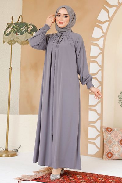 Neva Style Hijab gri cu fermoar Ferace 45293GR