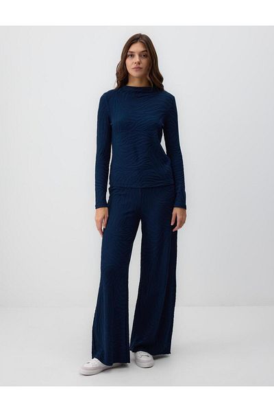 Jimmy Key Navy Blue Relaxed Fit High Waist Wide Leg Patterned Trousers
