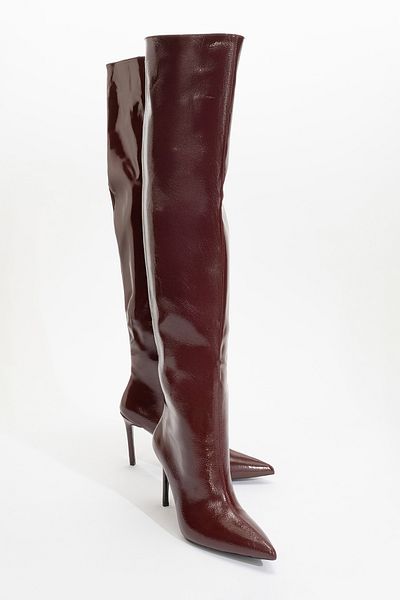 LuviShoes Cizme de damă CLEJA din piele lacuită bordeaux, cu toc subțire, peste genunchi