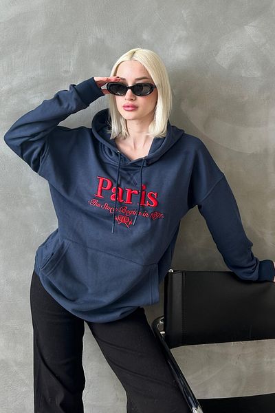 Seeh Navy Blue Oversize Hooded Women's Sweatshirt Sh190