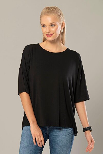 Weweus Siyah Kadın Viskon Oversize Salaş Tişört 238