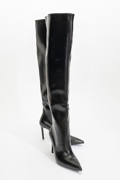 LuviShoes Γυναικείες μπότες CLEJA Black Skin με λεπτό τακούνι πάνω από το γόνατο