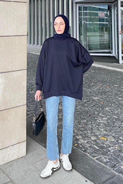 lamelif Navy Blue Loose Sweat - Balloon Sleeve Collar and Cuffed Skirt
