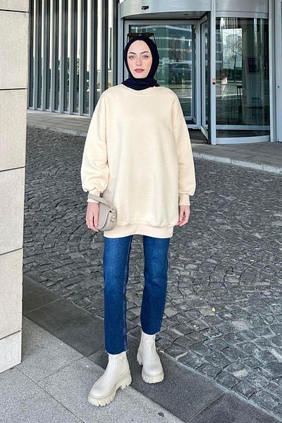 lamelif Κρεμ Χρώμα Basic Tunic - Τρεις Κλωστές, Μισό Ζιόν