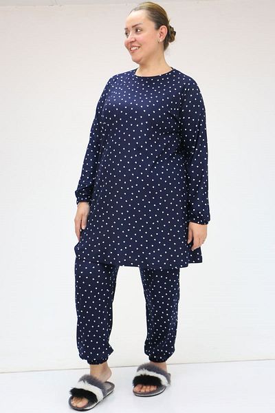 Eslina 47810 Large Size Sleeves Elastic Micro Suede Pajamas Set - Navy Blue