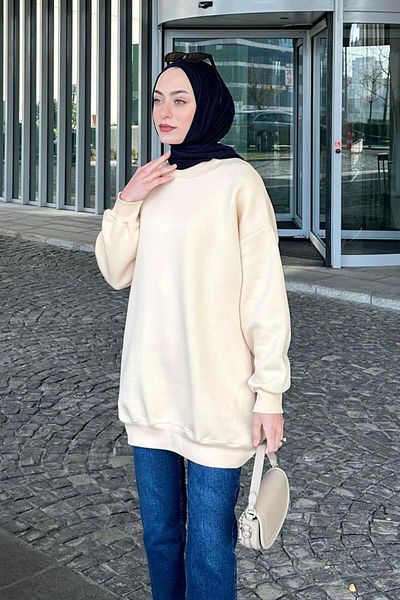 lamelif Κρεμ Χρώμα Basic Tunic - Τρεις Κλωστές, Μισό Ζιόν