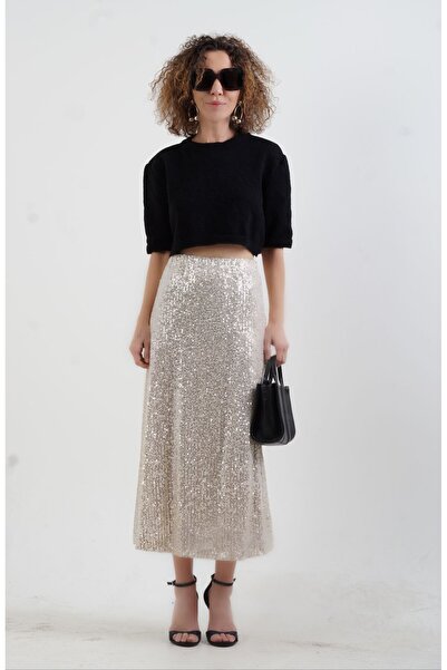 Zelish My Sister Fusta A-Lungime Midi cu paiete bej