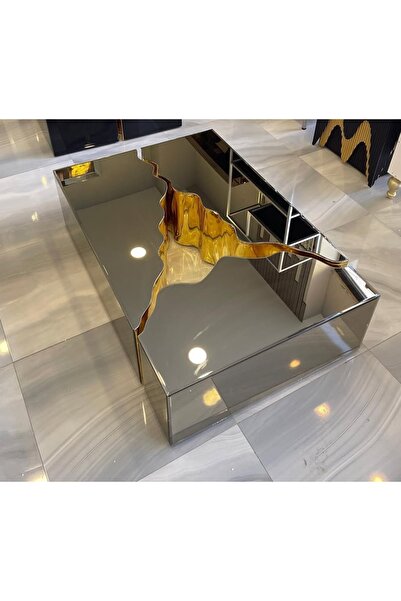 LUXURY VİLLA Luxury Bronz Aynalı Tekerlekli Orta Sehpa 85x125 Yükseklik 32cm