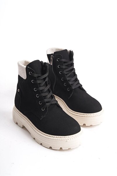 CZ London Kadın Kısa Postal Bot Tırtık Kalın Taban Günlük Yuvarlak Burun Bot