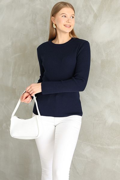 VEGENZE Γυναικείο πουλόβερ με λαιμόκοψη Navy Blue με ραβδώσεις