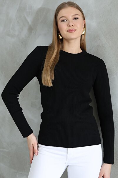 VEGENZE Women's Black Corded Crew Neck Sweater