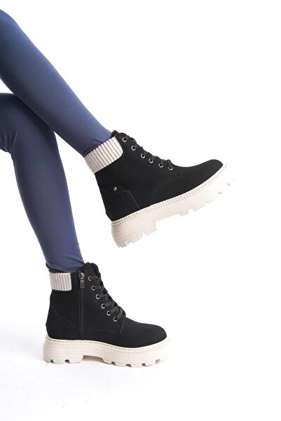 CZ London Kadın Kısa Postal Bot Tırtık Kalın Taban Günlük Yuvarlak Burun Bot