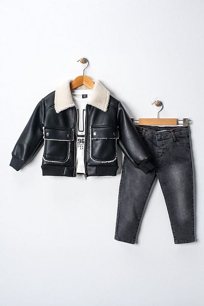 Minigimin Cicileri Boy's Black Suit - My Mini's Flowers, Leather Sheepskin Pocket Coat Run Print, Set of 3