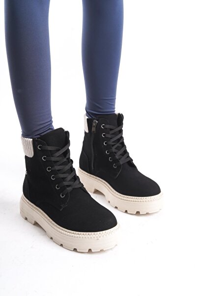 CZ London Kadın Kısa Postal Bot Tırtık Kalın Taban Günlük Yuvarlak Burun Bot