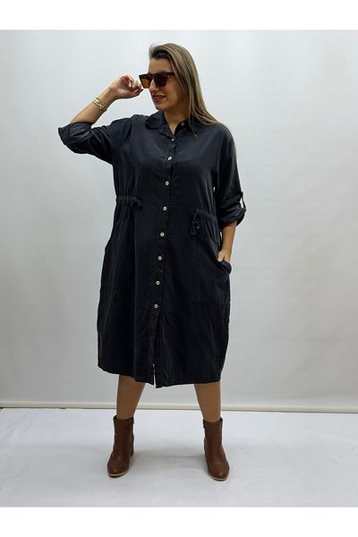 İTALYAN BUTİK Italian Waist Cord Bagged Slim Trophy Velvet Shirt Dress