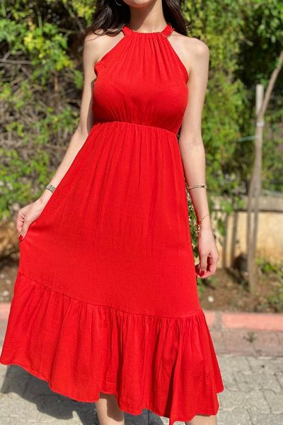 LC Waikiki Women's Red Halter Neck Midi Length Summer Basement Wrap Dress