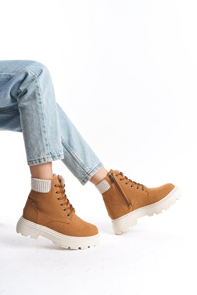 CZ London Kadın Kısa Postal Bot Tırtık Kalın Taban Günlük Yuvarlak Burun Bot