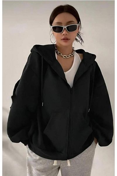 SAAT TEKSTİL Cardigan unisex cu glugă neagră cu fermoar