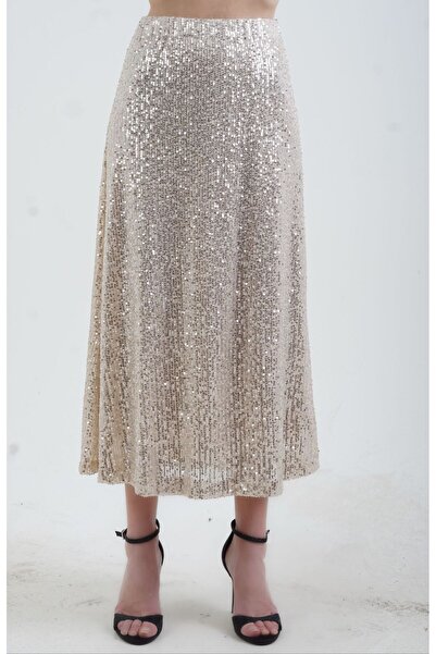 Zelish My Sister Fusta A-Lungime Midi cu paiete bej