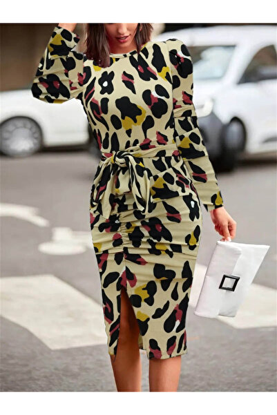 JANES Γυναικείο μακρυμάνικο φόρεμα κρεπ με στρογγυλή λαιμόκοψη με ζώνη με σχισμή μπροστά