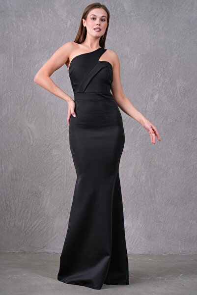 bayansepeti Scuba Crepe Fabric Strapless Neckline One Strap Design Maxi Black Evening Dress 582211