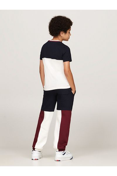 Tommy Hilfiger White & Blue Round Neck Short Sleeve Colorblock T-shirts