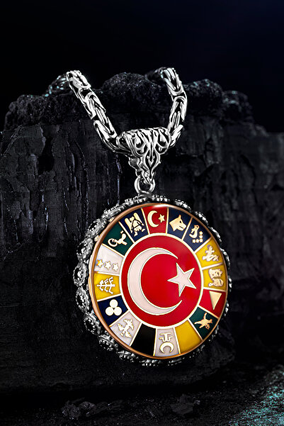 OSMANLI GÜMÜŞ Erkek Gümüş Kolye - 16 Türk Devleti Bayrakları İşlemeli Ay Yıld...