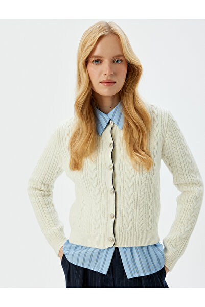 Koton X Sima Tarkan - Buttoned Round Neck Long Sleeve Hair Knit Cardigan