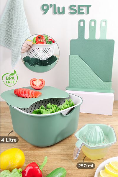 Meleni Home 9 Pieces Green Kitchen Set - Cutting Board with Mixing Bowl, Strainer and Stand