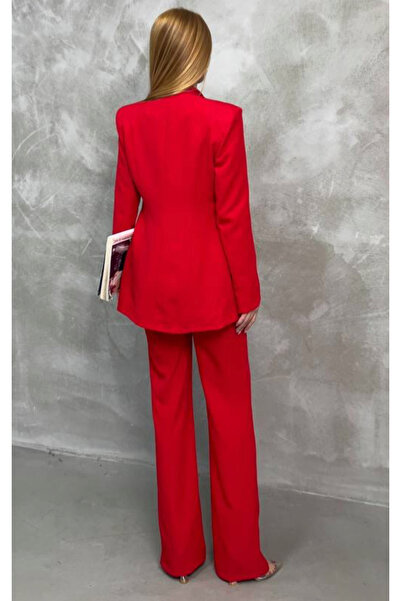 pembekurdelem Kadın Saten Şal Yaka Klasik Ceket Pantolon Takım Kırmızı