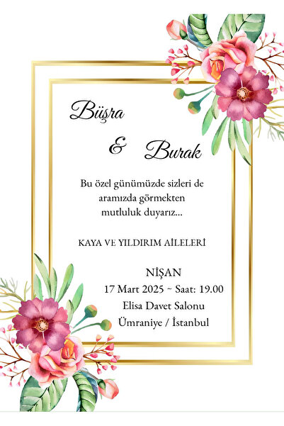 Rana İkra Art Pembe Çiçek Temalı Nişan Davetiyesi (50 Adet) (BASKI DAHİL DEĞİ...